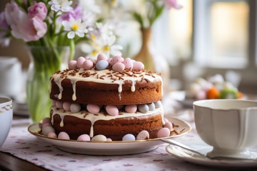 Delicious decorated Easter cake in rustic kitchen. ai generated