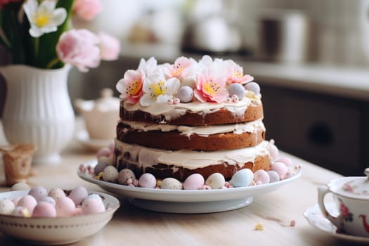 Delicious decorated Easter cake in rustic kitchen. ai generated
