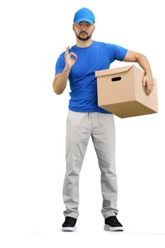 The deliveryman, in full height, on a white background, with a box, shows the ok sign.