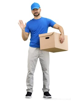 The deliveryman, in full height, on a white background, with a box, waving his hand.