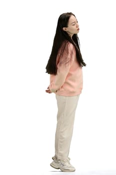 A woman, full-length, on a white background.