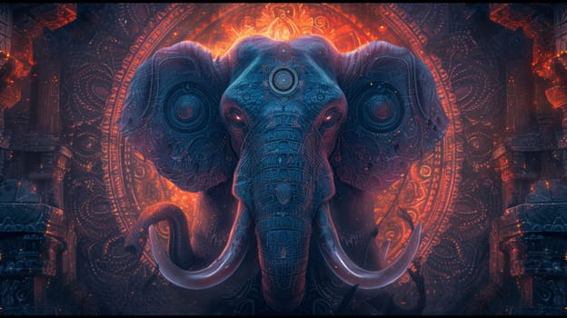 A large blue elephant with big tusks and a red background