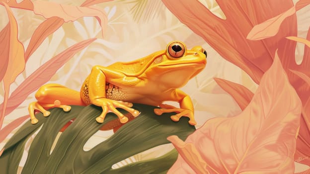 A yellow frog sitting on a leaf in the middle of some plants