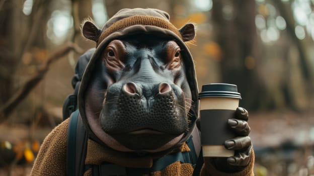 A hippo wearing a hoodie and holding coffee in hand