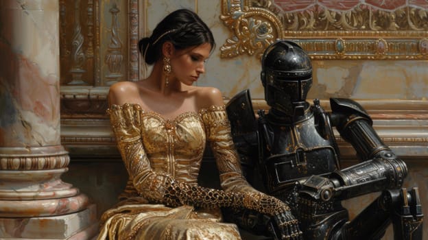 A woman in gold dress sitting next to a robot