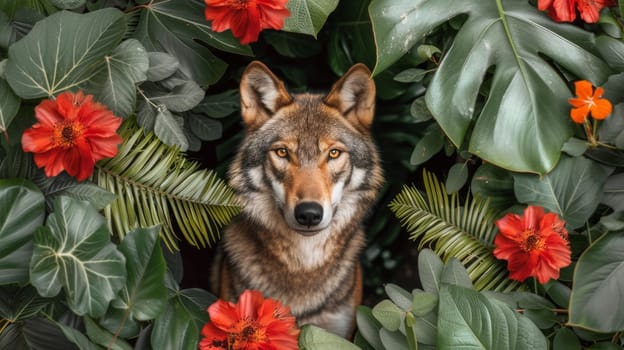 A wolf is surrounded by red and green leaves in a picture frame