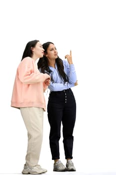 A women, in full height, on a white background, communicate.