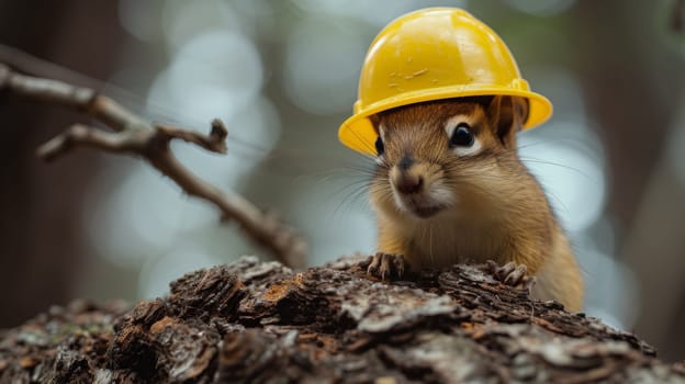 A squirrel wearing a yellow hard hat on top of some logs