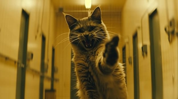 A cat is standing on a hallway with its paw up