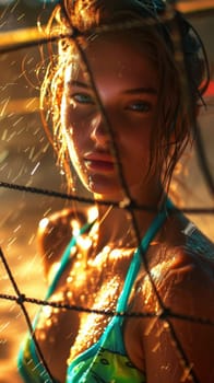 A woman in a bikini standing behind a fence