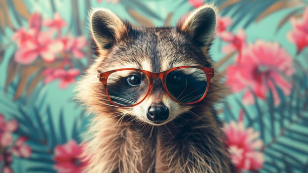 A raccoon wearing glasses and a flower patterned background