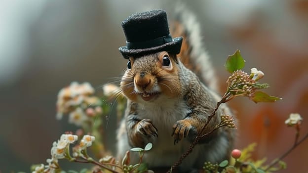 A squirrel wearing a top hat and flowers on its head