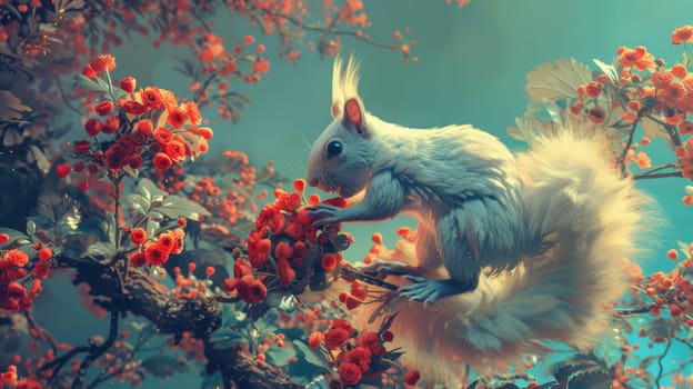 A white squirrel sitting on a branch of red flowers