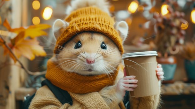 A hamster wearing a hat and scarf holding up coffee cup