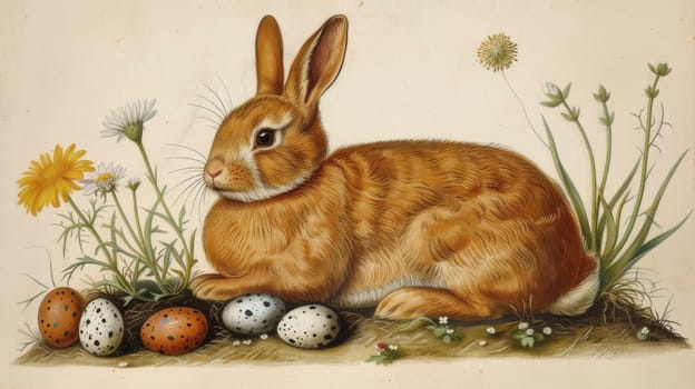 A painting of a rabbit sitting next to eggs and flowers