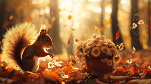 A squirrel sitting on the ground next to a flower pot