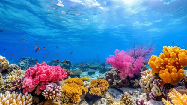 A colorful coral reef with many different types of fish