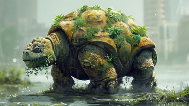 A turtle with plants growing on its back in a swamp
