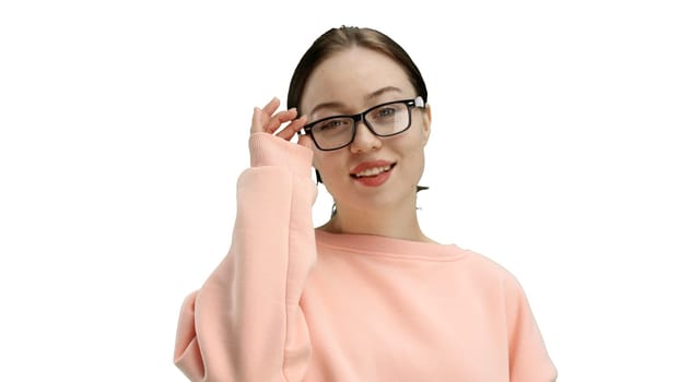 Woman, close-up, on a white background, wearing glasses.