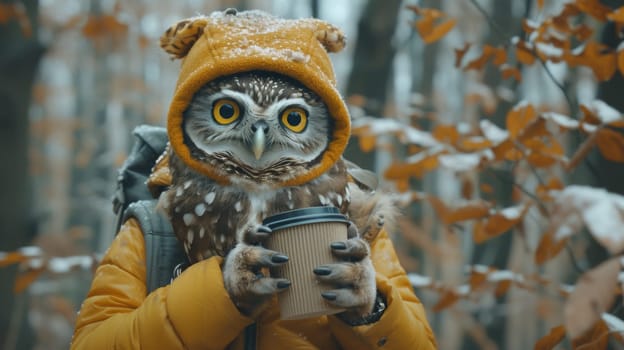 An owl wearing a yellow hat and holding coffee in its beak