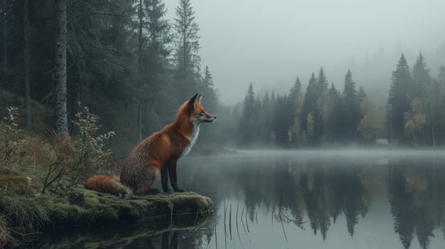 A fox sitting on a rock in front of the water