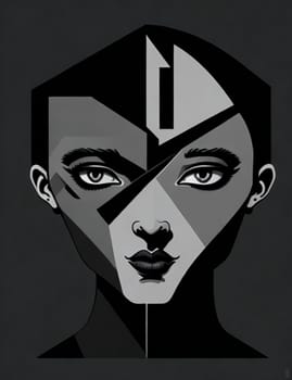Ai generated portrait of a young woman in black and white geometric Bauhaus style against a dark .