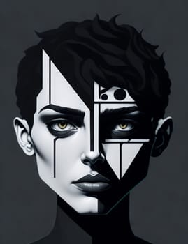 Ai generated portrait of a young woman in black and white geometric Bauhaus style against a dark background.