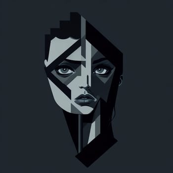 Ai generated portrait of a young woman in black and white geometric Bauhaus style. Dark background