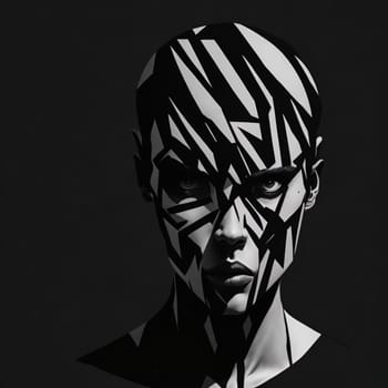 Ai generated portrait of a young man in black and white geometric Bauhaus style. Dark background