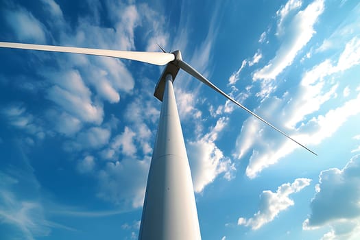 Low angle of wind turbine against bright blue sky with white clouds. Renewable or green energy concept. Neural network generated in January 2024. Not based on any actual scene or pattern.