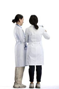 Female doctors, full-length, on a white background, talking.
