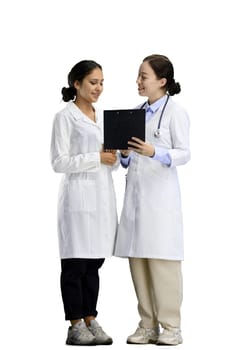 Female doctors, full-length, on a white background, talking.