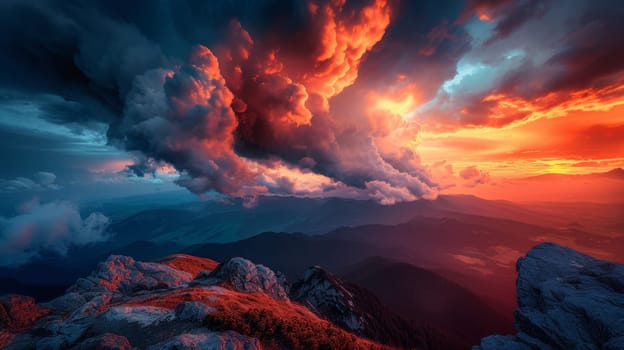 A beautiful sunset over a mountain range with clouds and mountains