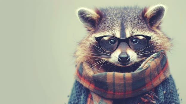 A raccoon wearing glasses and a scarf with the word "cool" written on it