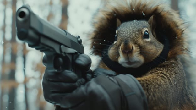 A squirrel in a winter coat holding up a gun