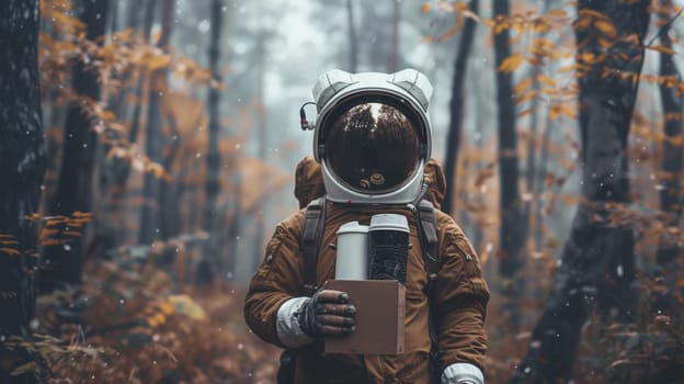 A person in a space suit holding an object and walking through the woods