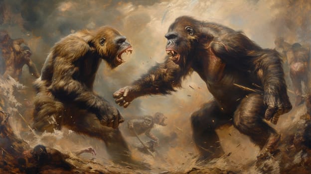 Two gorillas fighting in a painting with one gorilla on top of the other