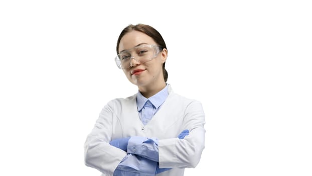 Female doctor, close-up, on a white background.