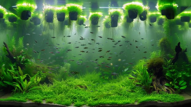 A large aquarium with many plants and fish in it