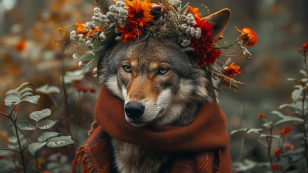 A wolf wearing a scarf with flowers on it's head