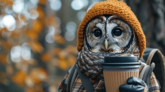 An owl wearing a hat and holding coffee in its hand