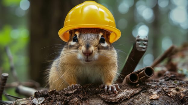 A squirrel wearing a yellow hard hat on top of some logs