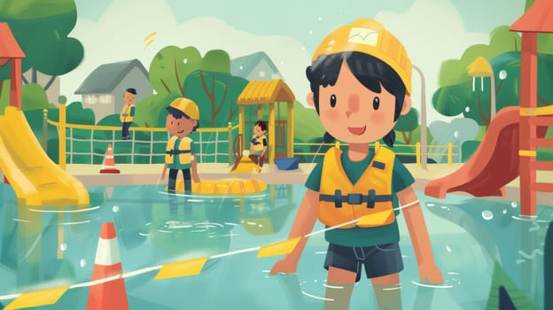 A cartoon of a little girl in yellow life jacket is playing at the water park