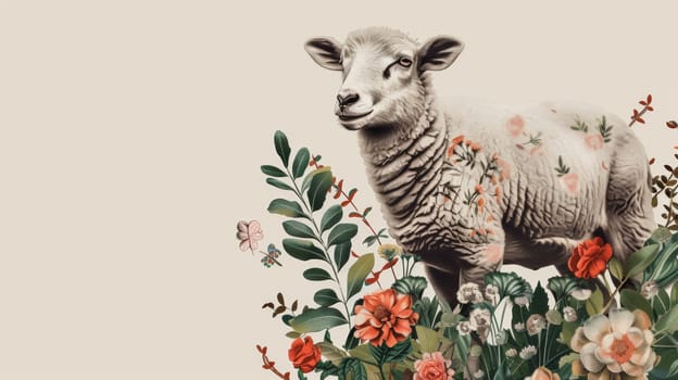 A sheep standing in a field of flowers and grass