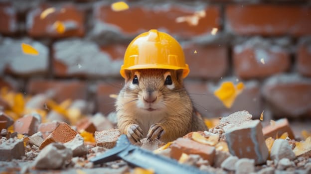 A squirrel wearing a hard hat and hammering away at some bricks