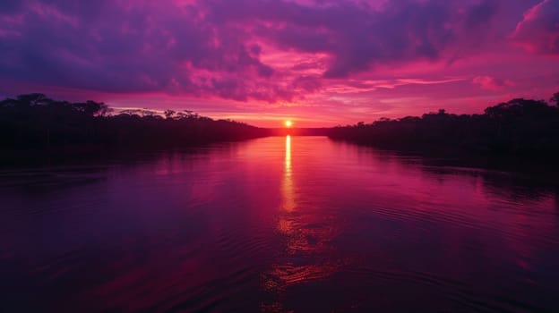 A sunset over a river with trees in the background