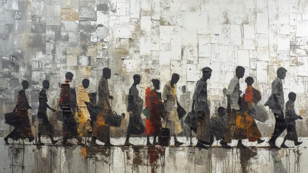 A painting of a group of people walking down the street