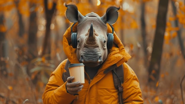 A rhino wearing a yellow jacket and holding coffee in his hand