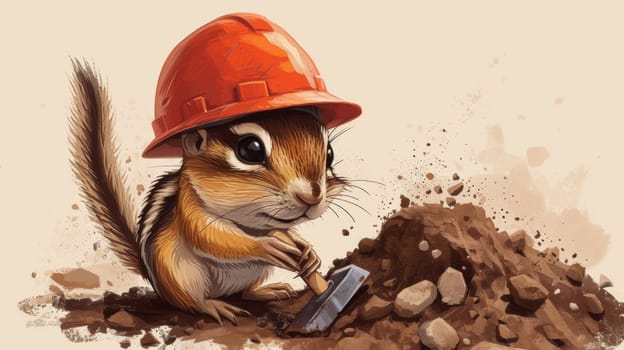 A small squirrel with a hard hat digging in the dirt