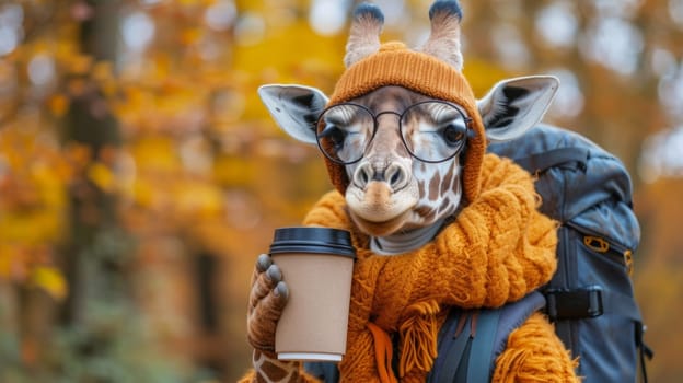 A giraffe wearing a hat and scarf holding coffee in its mouth